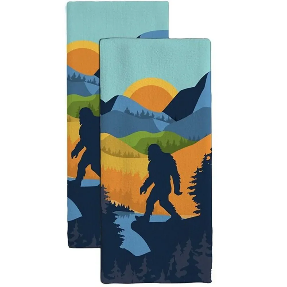 2 pc set Bigfoot Sasquatch Mountain Woods Cabin Cotton Kitchen Towel Camping